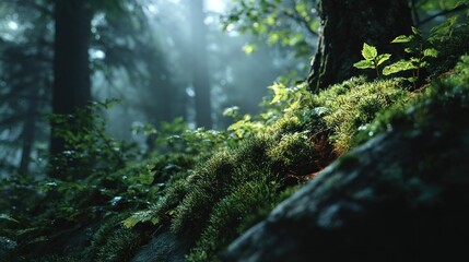 Enchanted forest floor with moss, light rays, and vibrant greenery details