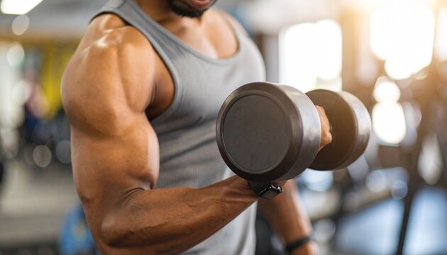 A muscular man curls a dumbbell, showcasing strength and fitness.