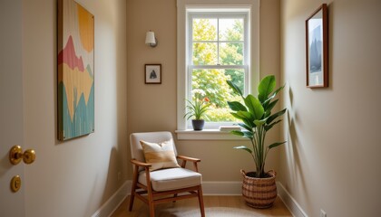 Fototapeta premium small reading corner with plain beige walls, a cozy chair, and one leafy green plant, soft sunlight adding texture.
