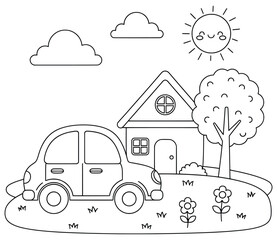 Naklejka premium Adorable Car with Cozy Cottage, Garden Flowers, and Smiling Sun Coloring Page for Kids
