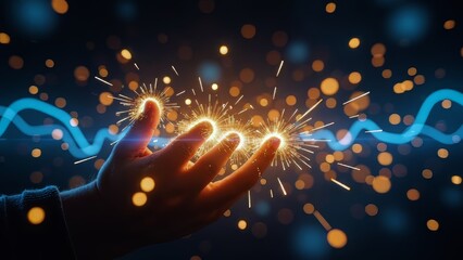 Close up of luminescent particle hand