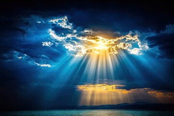 Dramatic sun rays piercing dark clouds over a calm lake