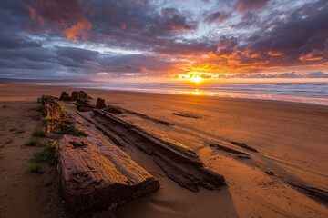 Dramatic sunset over beach with driftwood