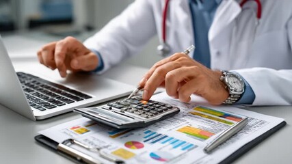 Medical Professional at Work: A dedicated healthcare provider, meticulously analyzing data with a calculator, and the scene is captured through the camera's lens. - Powered by Adobe