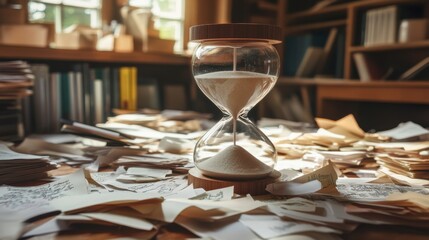 Fototapeta premium Cluttered Desk with Hourglass and Scattered Papers
