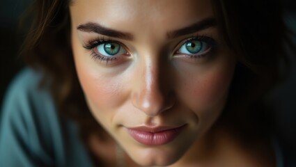 Captivating woman's striking blue eyes and natural beauty portrayed in a close-up portrait shot