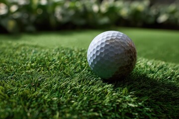 Obraz premium Close-up view of a green golf ball resting on realistic grass at a golf course during bright daylight, perfect for an outdoor game session with friends or practice