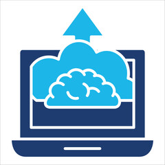 Brain Technology Icon In Blue Monochrome Flat Design, Vector Illustration