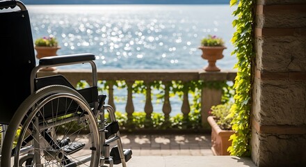Wheelchair Overlooking Sparkling Lake, Serene View from a Balcony with Wheelchair Near Tranquil Lake, Offering Peaceful and Accessible Scenery