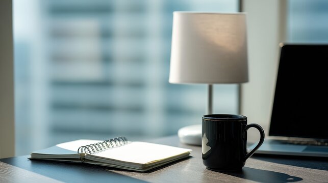 A developer's workstation with an empty notebook and coffee mug under soft desk lamp lighting. - Powered by Adobe