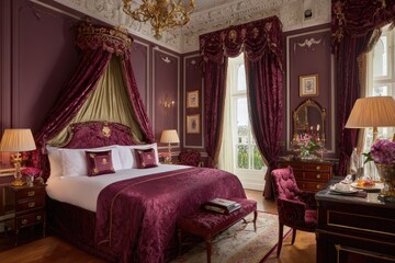 Luxurious burgundy bedroom with opulent details