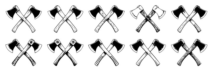 Crossed axes hand-drawn doodle collection. Set of monochrome vector illustrations of axes, hatchets, tools. Lumberjack, woodwork, carpentry design elements, camping, hiking, outdoor activity theme. Sk