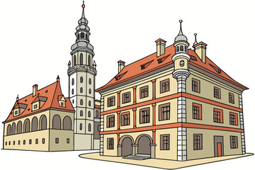 Capture the ornate architecture of Cesky Krumlov in Czechia, modern flat illustration style