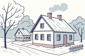 Capture the snow-covered rooftops in a Moldovan village, modern flat illustration style