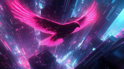 Neon bird flying over a futuristic city
