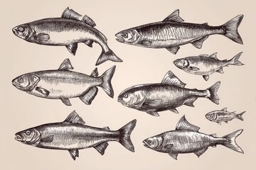 Collection of vector sketch icons showcasing various fish species found in rivers and seas, highlighting their distinct shapes and features for artistic and educational use