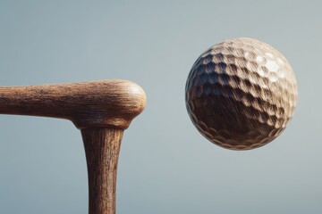 Golf wood with a golf ball and tee poised for striking on a clear day, perfect for outdoor play in lush green settings, showcasing an essential moment in the game of golf