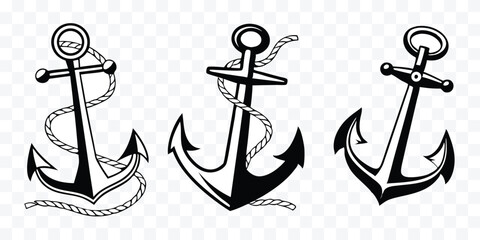 Set of Three Nautical Anchors with Ropes in Black and White Illustration for Maritime Theme Design © design png