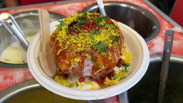 Raj kachori prepared with Indian spices garnished with curd and pomegranate