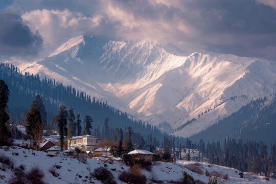 Gulmarg hill station in Kashmir showcases stunning snow-capped mountains and serene landscapes during wintertime - Powered by Adobe