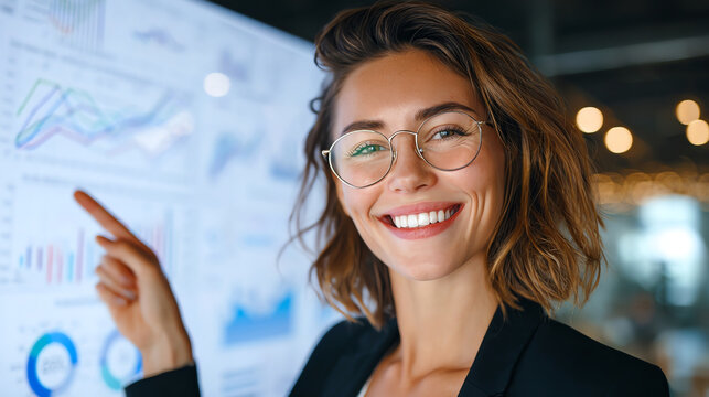 Cheerful businesswoman pointing at performance indicators with smile, showcasing data analysis