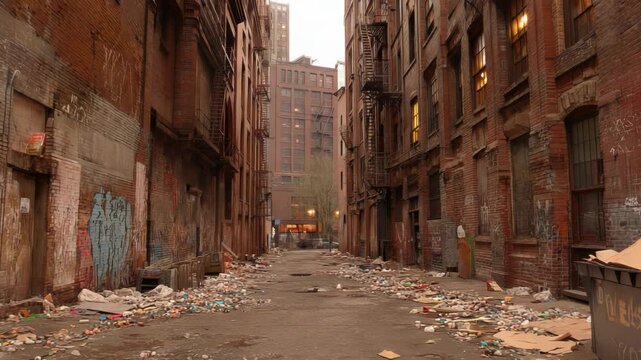 Gritty urban alleyway with brick buildings, graffiti, and scattered trash creating a stark contrast