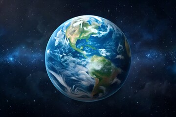 Naklejka premium Planet earth in the space with stars, showing america and blue atmosphere