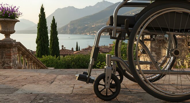 Wheelchair with picturesque Lake Garda backdrop, A Symbol of Accessible Beauty: Wheelchair on Terrace Overlooking Italy's Stunning Lake Garda