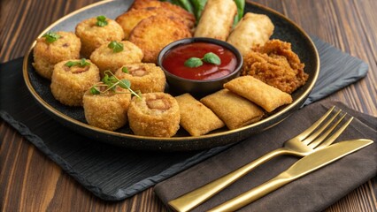 Close Up of Indonesian Fried Snacks Plated on Elegant Tableware with Golden Accents