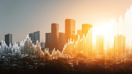 Urban skyline with business chart overlay, showcasing growth and opportunity in sunlit city