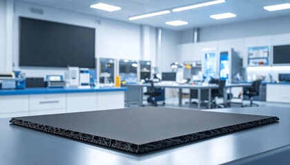 Blank black slate on rough surface in a modern tech lab with workstations and equipment