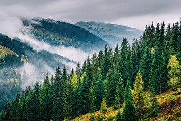 Misty mountain range with evergreen forest
