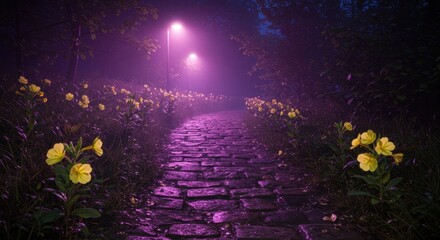 Serene Pathway in Foggy Night Surrounded by Beautiful Yellow Flowers and Soft Glow from Street Lamps