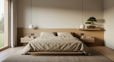 Modern minimalist bedroom interior with wooden furniture, soft bedding, and natural light in serene environment