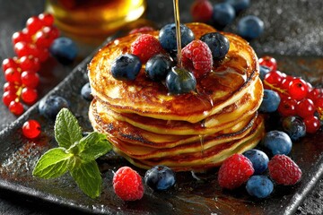 Stacked pancakes topped with fresh berries and drizzled with syrup