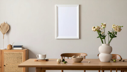 Stylish Scandinavian Dining Room Interior with White Mockup Poster Frame