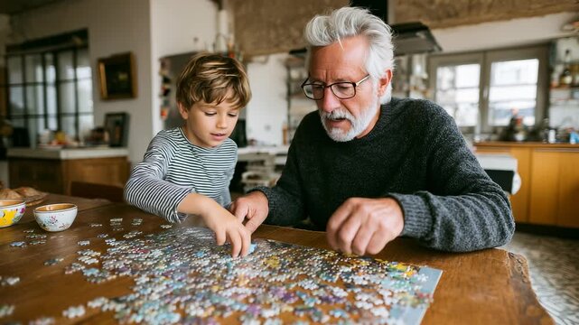Elderly grandfather and grandson spending time together assembling a puzzle at home, family bonding, leisure activity.