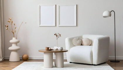 Minimalist White Living Room with Boucle Armchair and Decor
