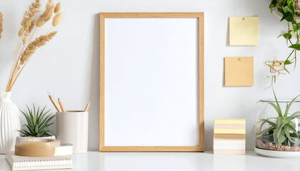 Modern Home Office Workspace with Blank White Poster Frame Mockup