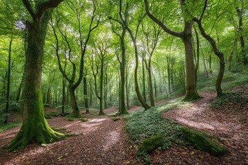 Naklejka premium Sunlight filters through a lush, verdant forest, illuminating the pathway