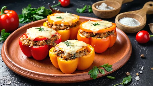 Colorful stuffed bell peppers with cheese on a wooden plate, garnished with herbs, in a rustic kitchen setting