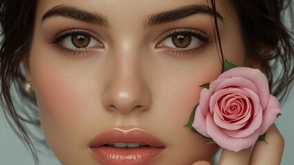 Beautiful Woman With Pink Rose On Her Face Dewy Skin Natural Beauty