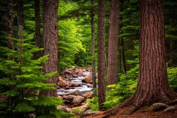 Obraz premium A tranquil stream winding through a lush forest (1)