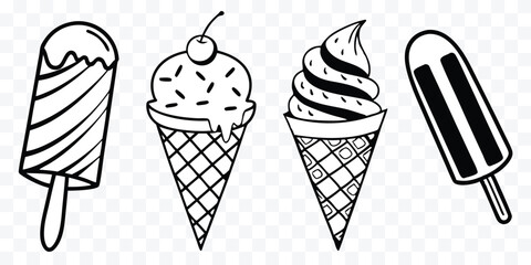 Black and White Ice Cream Collection Summer Treat Illustrations for Kids Coloring Pages and Fun Designs