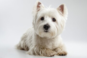 West highland terrier dog resting calmly in front of a white background with soft lighting highlighting its fluffy coat and expressive features