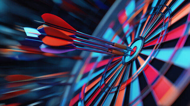 Abstract digital dartboard with vivid arrows creating dynamic visual effect