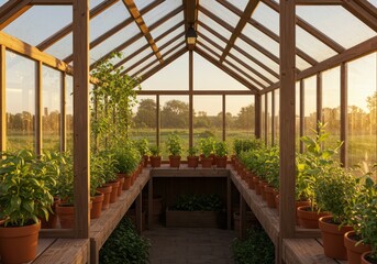 Tranquil Indoor Greenhouse with Sunlight Illuminating Potted Plants and Wooden Shelving in Natural Setting