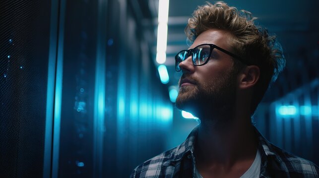 A technical specialist in glasses stands confidently before a server rack, representing expertise in technology.