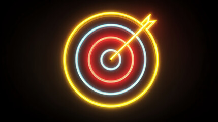 Neon target symbol with arrow hitting center, representing focus and achievement