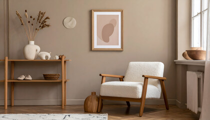 Obraz premium Modern Living Room Interior with Beige Walls and Wooden Furniture